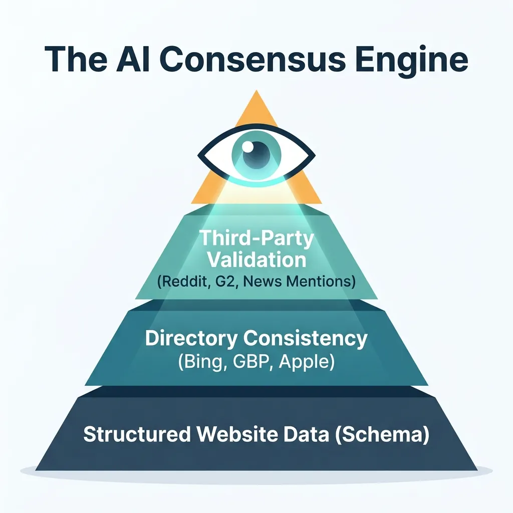 The AI Trust Hierarchy showing how Answer Engine Optimization for service businesses relies on third-party validation like Reddit and G2 to earn AI citations, with Google Business Profile and Reddit reviews ranked as highest trust signals and self-published website content ranked lowest