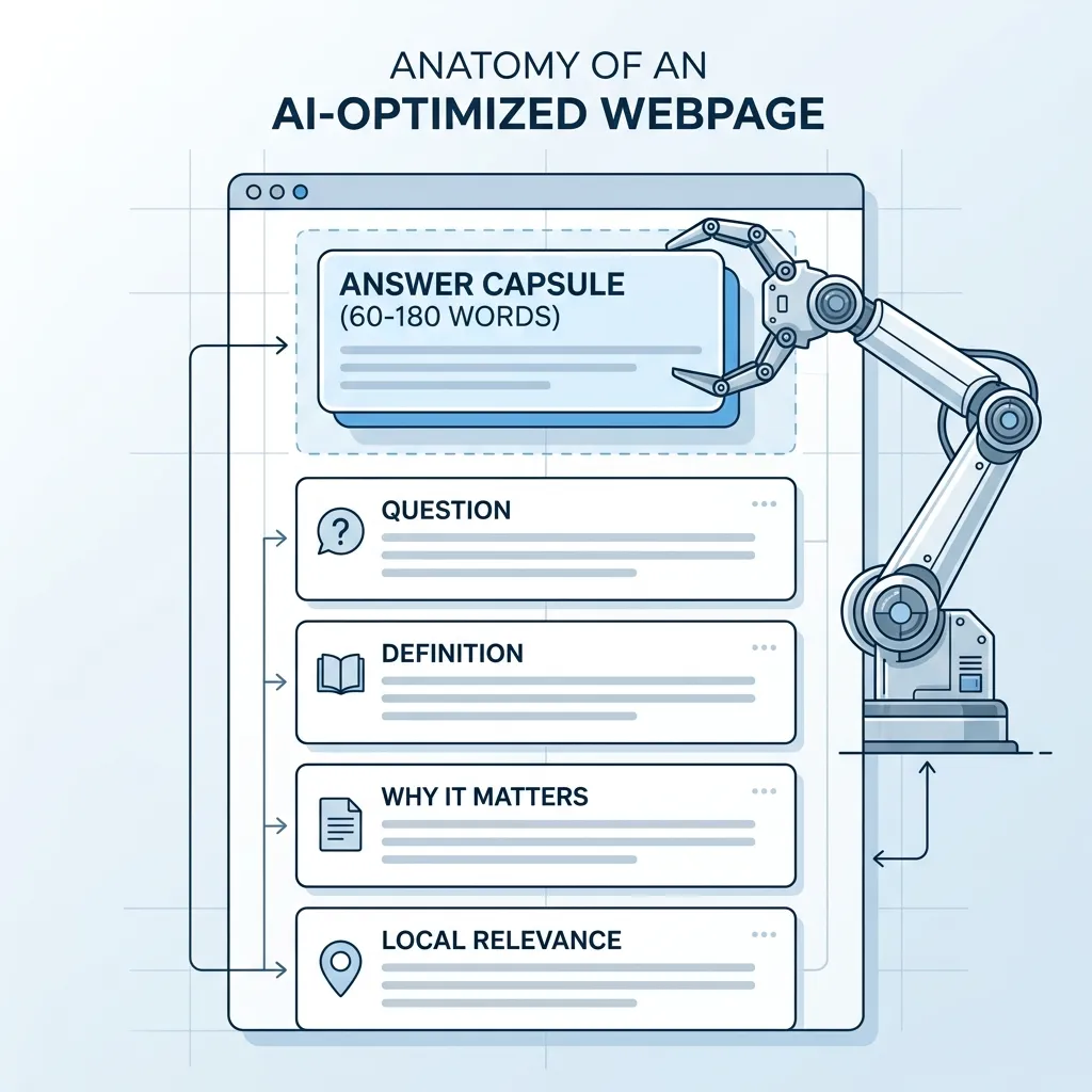 The GEAF Content Structure diagram showing the four layers of the Generative Engine Answer Framework: Answer Capsule at the top, Fact Blocks for AI extraction, supporting narrative for depth, and FAQ section for long-tail queries, used in answer engine optimization for service businesses