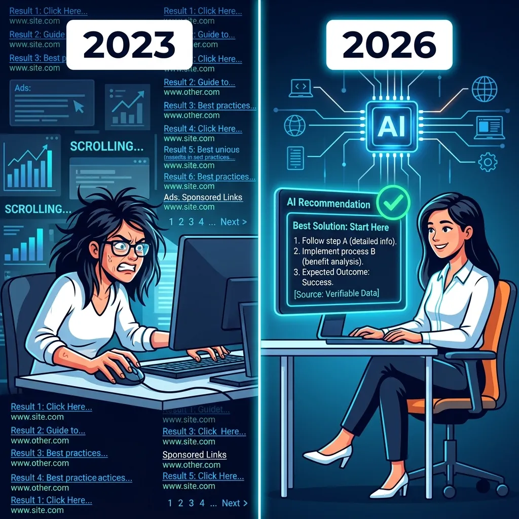 The Search Shift showing how AI-powered answer engines like ChatGPT and Perplexity now deliver business recommendations directly instead of blue link search results, representing the core shift that makes answer engine optimization for service businesses essential