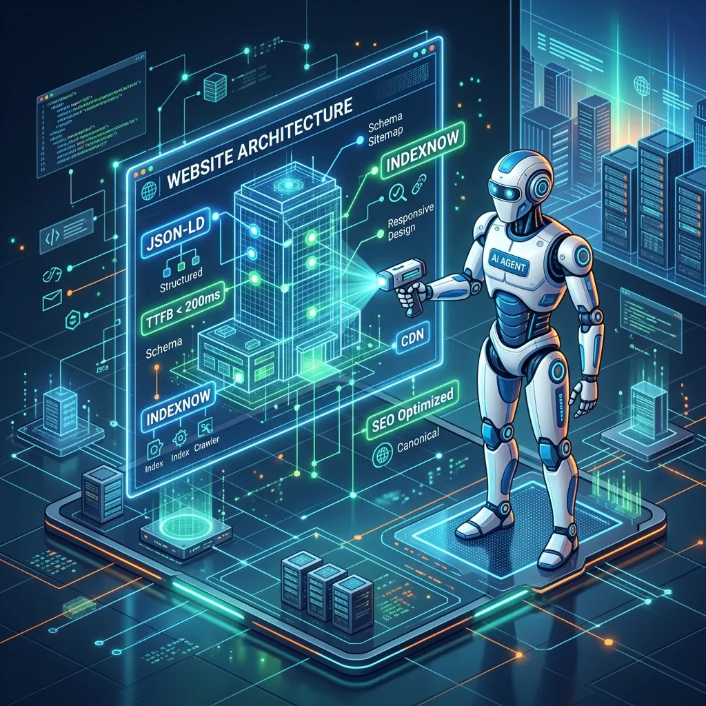 The Technical Bot Checkpoint diagram showing the four gates AI crawlers like GPTBot and PerplexityBot evaluate before indexing a service business website for answer engine optimization, including page speed, robots.txt access, schema markup, and structured content hierarchy