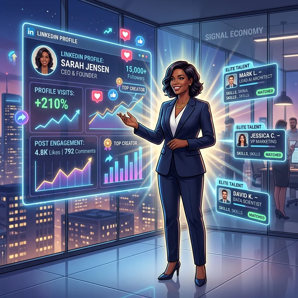 A cinematic portrait of a modern executive standing confidently in a glass-walled boardroom with a subtle glowing digital authority aura emanating outward, representing the Signal Economy concept where CEO personal branding on LinkedIn becomes a core talent acquisition and recruitment tool