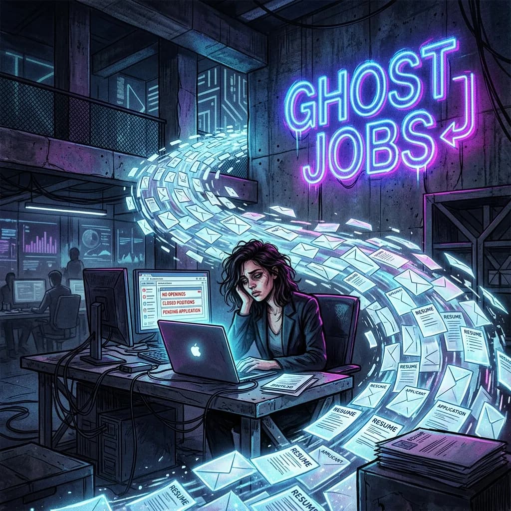 A conceptual illustration of the 2026 ghost job epidemic showing a recruiter overwhelmed by cascading digital resumes while a flickering neon Ghost Jobs sign illuminates the background, representing the broken state of the 2026 hiring crisis and job board collapse
