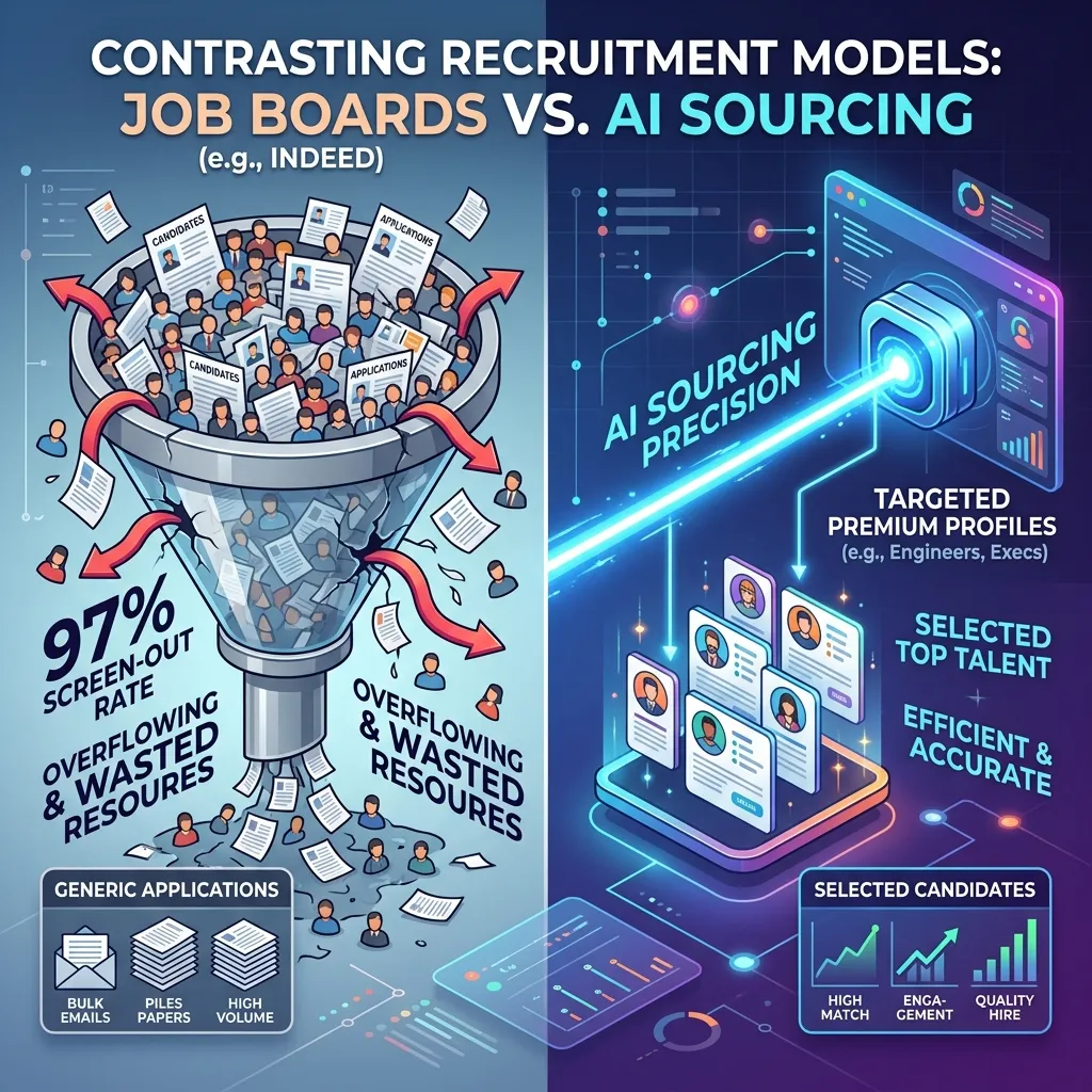 A 3D isometric illustration contrasting the broken job board recruitment funnel spilling unqualified applicants against a precise AI recruiting platform selecting targeted candidates, representing why companies are seeking Indeed alternatives in 2026