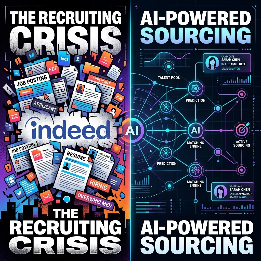 The 2026 AI recruiting crisis illustrated as a split scene: a collapsed stack of job board postings on the left versus a precision AI candidate sourcing interface on the right, representing the shift from post-and-pray to AI-driven talent acquisition