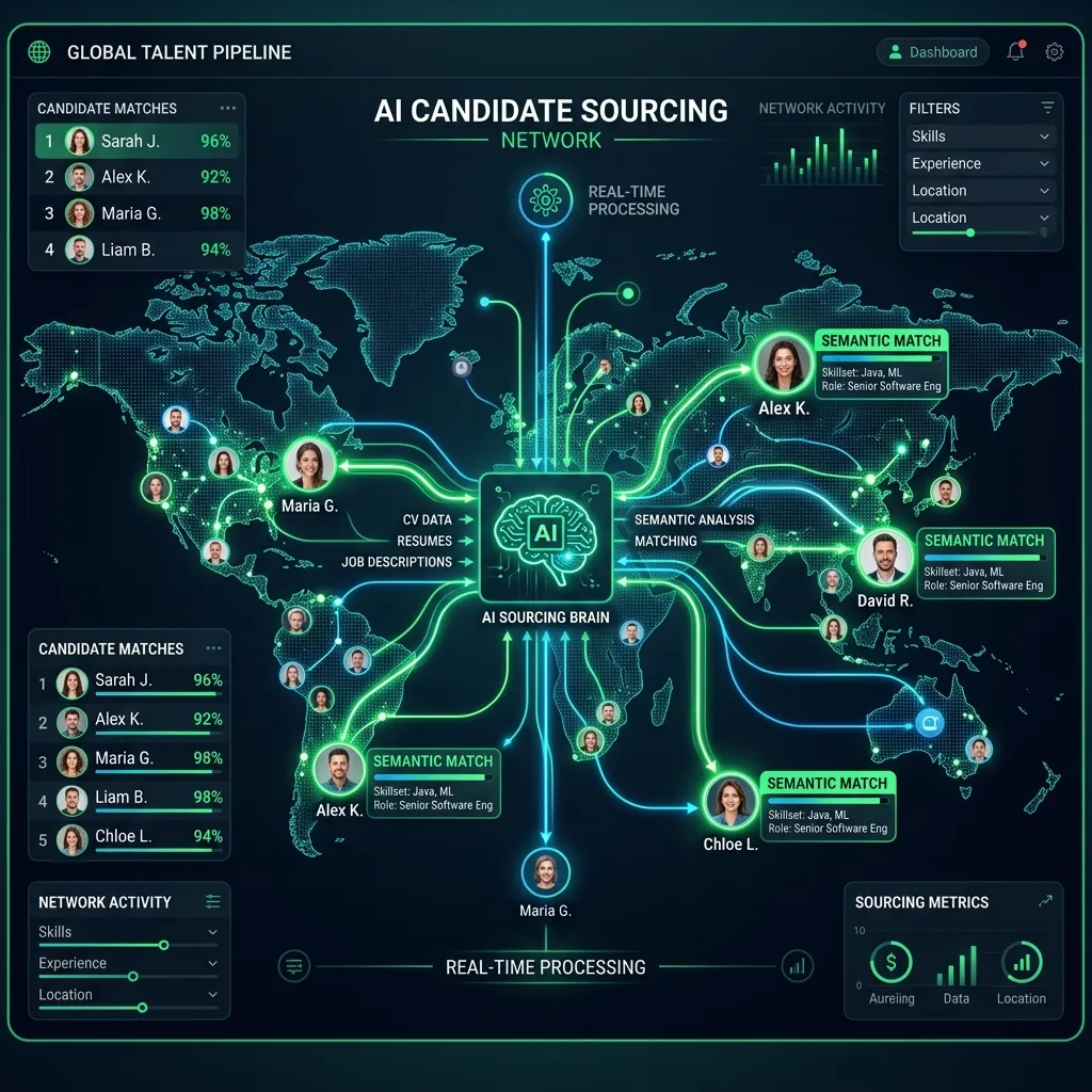 A futuristic AI candidate sourcing dashboard interface showing targeted candidate profiles connecting through glowing network nodes while bypassing a pile of unqualified inbound applications, illustrating how AI recruiting platforms work in 2026