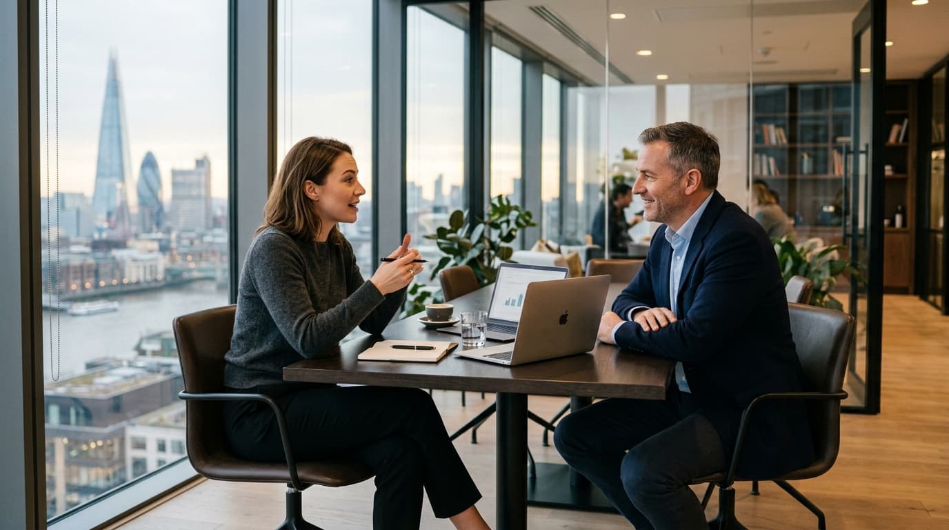 Executive 1-on-1 strategy consultation in a high-end modern office overlooking the city