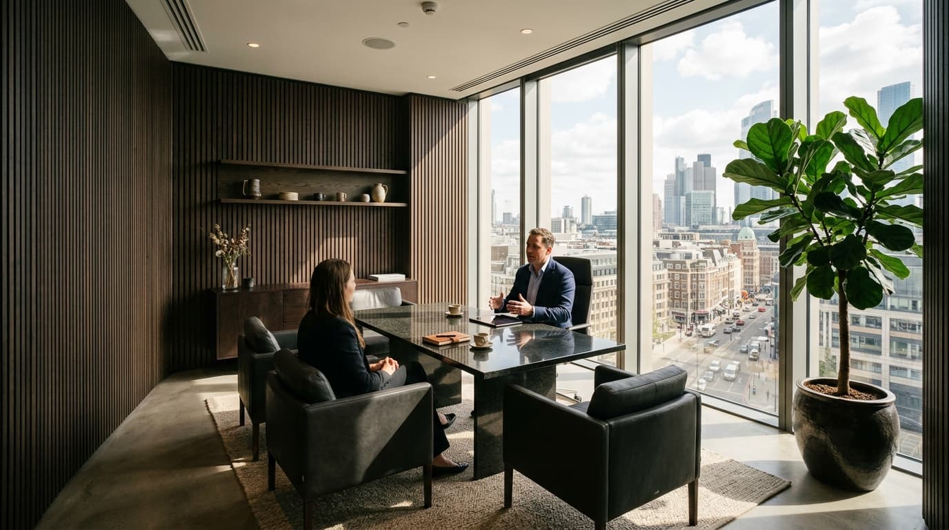 Executive consultation suite and client lounge in modern architectural headquarters overlooking the city
