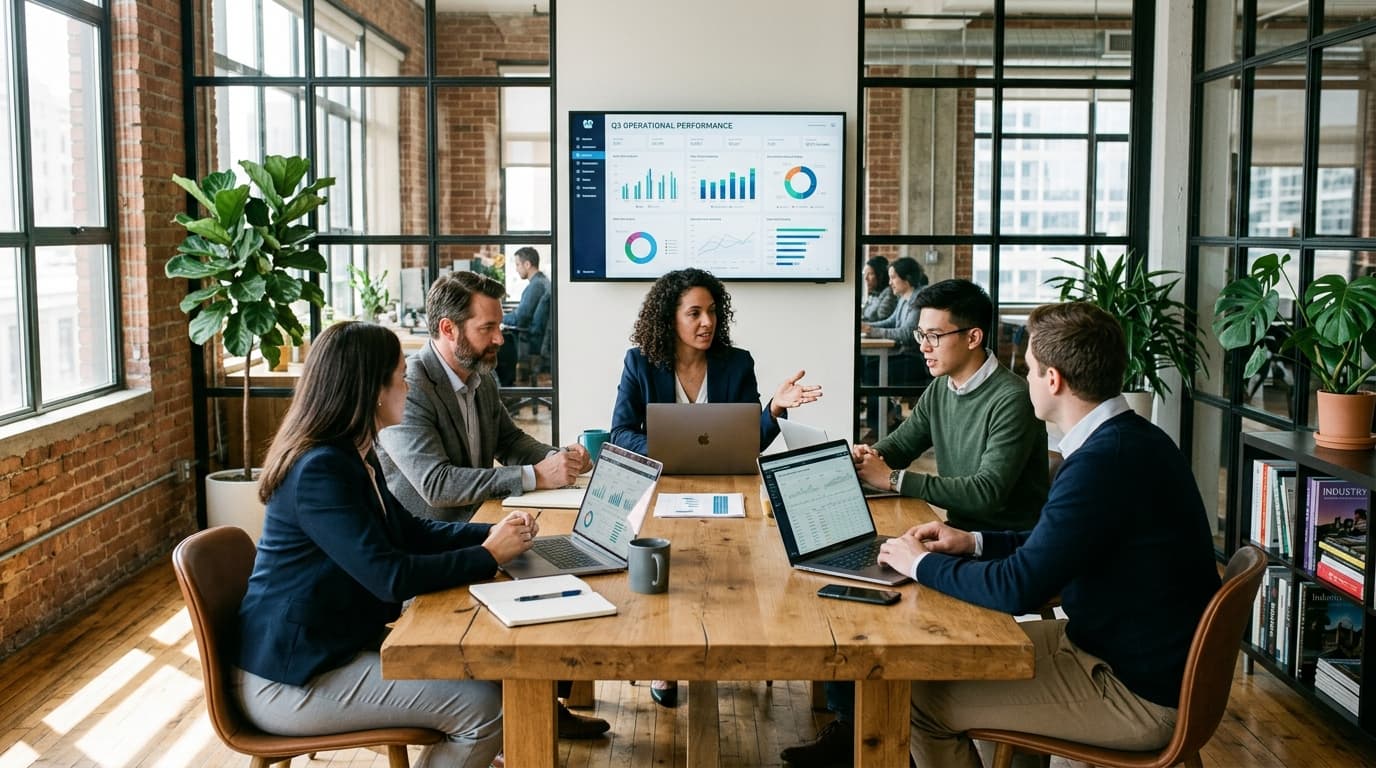 Cross-functional executive strategy team reviewing vertical operational performance data in a modern office