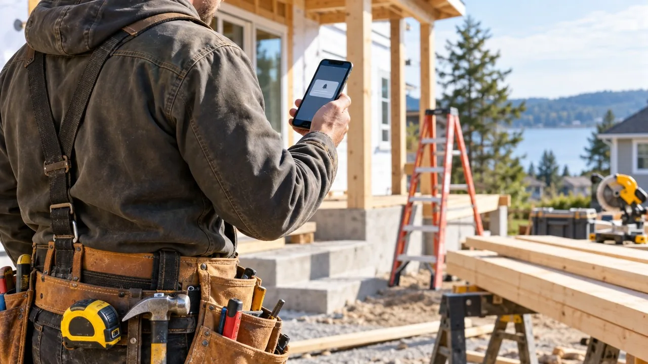 Contractor checking a CRM follow-up reminder on a phone at a job site, Build Don't Beg CRM for contractors
